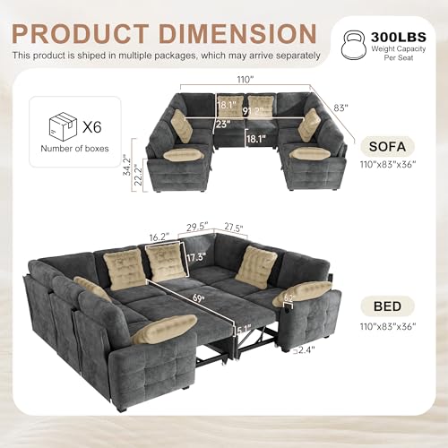 Image of Hanherry Sectional Couch with Pull Out Sofa Bed,Chenille Sleeper Sofa with 2 Seat Storage & USB Charging,Comfy L Shaped Modular Couches for Living Room,Apartment
