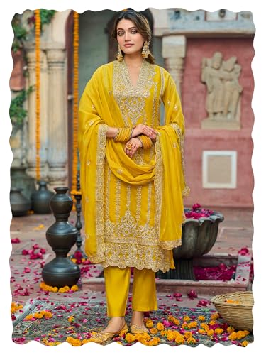 Image of INDO ERA Women's Organza Embroidered Straight Kurta and Pant with Dupatta Set (IEOUT10610)