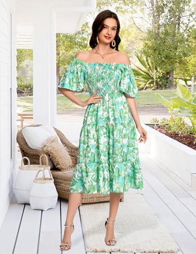 Image of Bbonlinedress Womens Casual Floral Summer Smocked Beach Party Boho Midi Square Neck Dress