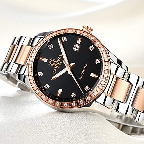 Image of Women's Diamond Automatic Mechanical Rose Gold Stainless Steel Sapphire Waterproof Lady's Elegant Blue Watch