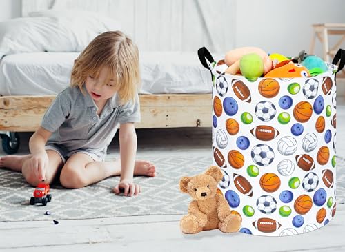 Image of 19.7 inch Round Kids Laundry Basket Gift Baskets Storage Laundry Hamper Toys Nursery Bin with Handles,Storage Basket for Childrens Room Bedroom Decor (BALLS)