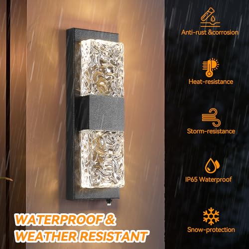 Image of 14.2 inch Dusk to Dawn Outdoor Wall Light, 12W LED,Black 1-Pack | IP65 Waterproof Wall Mounted Sconce, Dusk to Dawn Sensor, Crystal Modern Design, for Porch, Patio, Hallway, Backyard