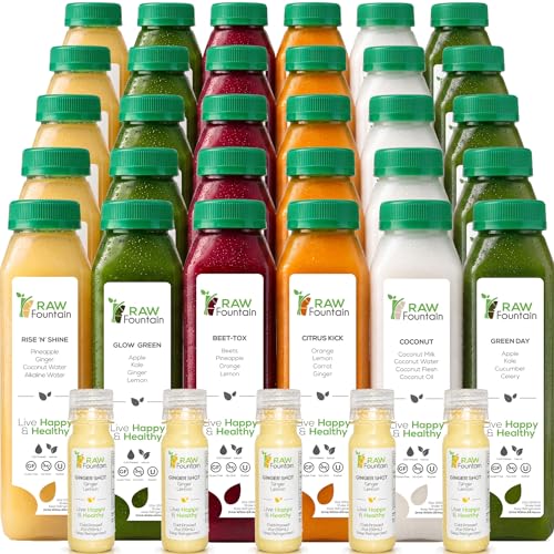 5 Day Juice Cleanse by Raw Fountain, All Natural Raw Detox Cleanse, Cold Pressed Juice Fast, Great Way to Jumpstart a Healthier Diet, Kosher, Vegan, NO Sugar Added, 30 Bottles 12oz, 5 Ginger Shots 2oz