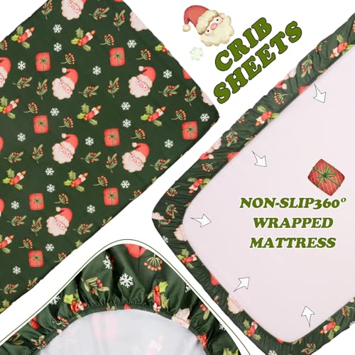 Image of Cloele Christmas Santa Crib Fitted Sheet for Boys Girls - Green Baby Nursery Sheet Cozy Bed Sheet for Standard Crib and Toddler Mattresses Crib Mattress Infant Sheet
