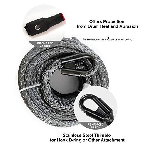 RUGCEL WINCH 3/8\" x 80\' Synthetic Winch Rope with Hook, Winch Cable with Protective Sleeve, Car Tow Recovery Cable for 4WD Off Road Vehicle Truck ATV UTV SUV(23,805 LBS Breaking Strength, Red Hook) - Thumbnail 3