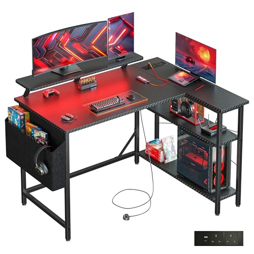 DOMSHOCT L Shaped Gaming Desk with LED Lights & Power Outlets, 120*80cm Corner Computer Table with...