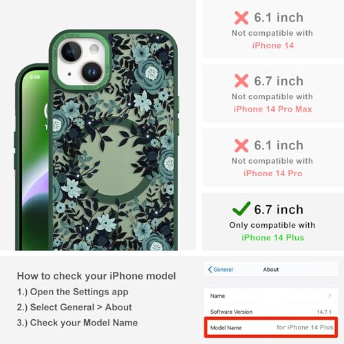 Image of Magnetic for iPhone 14 Plus Case with for Women, Green Flower | Pretty Floral Pattern Design [Compatible with MagSafe] Shockproof Slim Translucent Matte Non-Slip Protective Cover