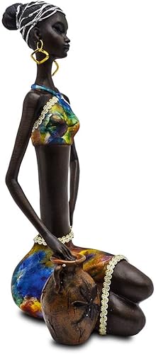 Miniatura 3 de Estatua de figura africana escultura colorida vestido sentado sosteniendo jarrón estatuas de dama pieza de arte coleccionable de 10.5 pulgadas de