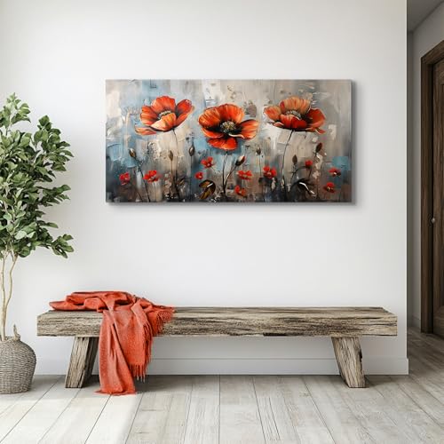 SERIMINO Large Wall Art for Living Room, Nature Floral Botanical Wall Decor, Red Flowers Canvas Prints Pictures, Wildflower Modern Home Decor Bathroom Dining Room Kitchen Paintings 24"X48"