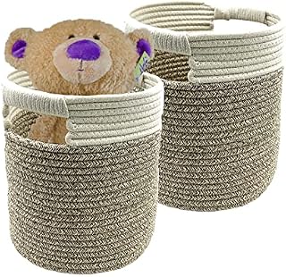 SOQKEEN Woven Basket Set of 2, 8.7 x 10.2 inch (22 x 26 cm) Round Cotton Rope Storage Baskets, Blanket Basket, Home & Bathroom Accessories Basket Organiser, Baby Toy Storage Baskets for Nursery Brown