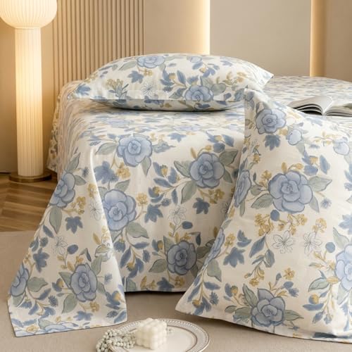 Image of Marrow Lane 300 TC Soft Air Cotton Double Bedsheet | Garden Reverie | Flatsheet with 2 Pillow Covers | Watercolour Floral Print (228.6 x 254 cm, Ivory & Blue)