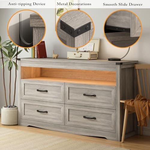 Image of Wodeer Grey Dresser for Bedroom, Wooden 4 Drawer Dresser with LED Light, Dressers & Chests of Drawers with Metal Handles, Storage and Organization for Bedroom, Hallway, Entryway, Gray