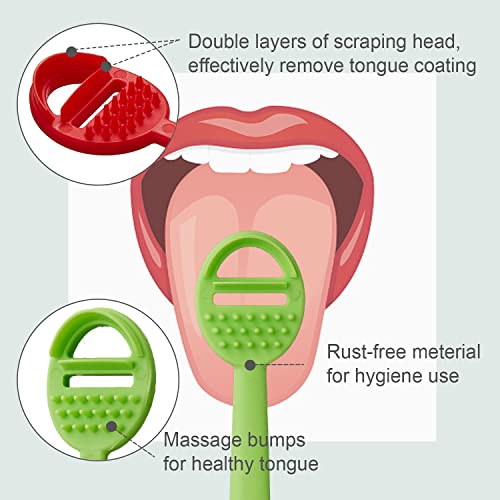 Dowmi Tongue Scraper Cleaner 4 Pack – Bpa Free – Oral Hygiene Care – Reduce Bad Breath – Double Scraper With Massager Head – Red 2 Pack, Green 2 Pack #TOP2