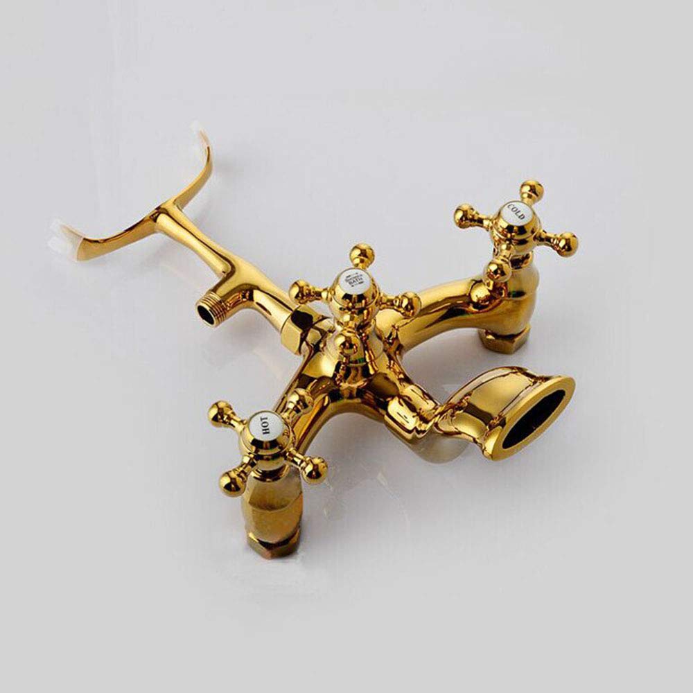 HomeLava Nostalgie Wannenarmatur Gold Retro Wannenbatterie Bad Badewannenarmatur Armatur Zwei Griffe Badewanne Mischbatterie mit Handbrause Wannenmischer mit Brause Wannenhahn