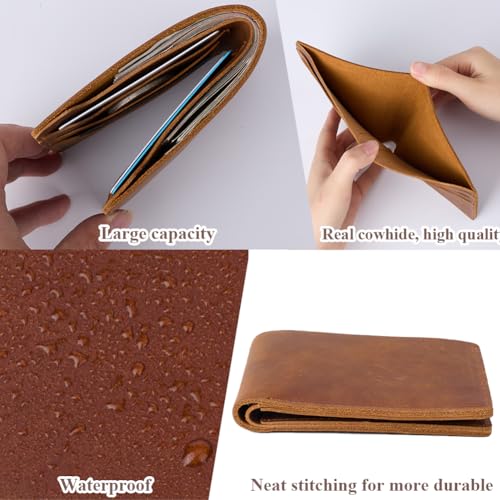 GORGECRAFT 115 * 96mm Leather Credit Card Wallets Saddle Brown Crazy Horse Bifold Wallet Genuine Leather Wallets Slim Extra Capacity Wallet Extra Strong Stitching for Business Office Men 6