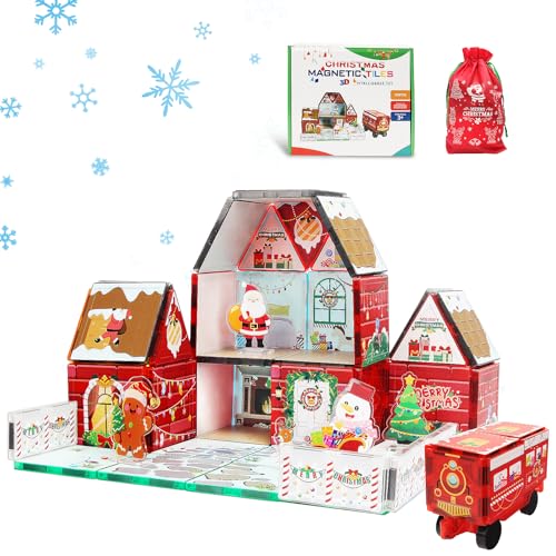 MAYAPHILOS 61 PCS Christmas Magnetic Tiles with Storage Bag Building Blocks with Santa Snowman Deer Gingerbread Magnet Construction Set Christmas House for Kids