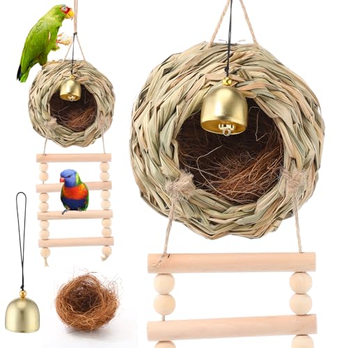 Image of Briwooody Hanging Bird Nest for Cage with Ladder Bell Natural Coir Fiber, Grass Hand Woven Hummingbird Finch House for Outside Breeding Nest Parakeet Bed for Budgie Canary Parrot Patio Lawn Garden