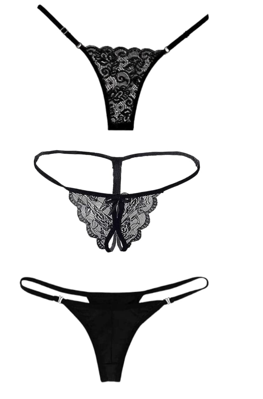 Women Combo lace Bikini Panty Multiple Pack Black Color Free Size (3 Piece)