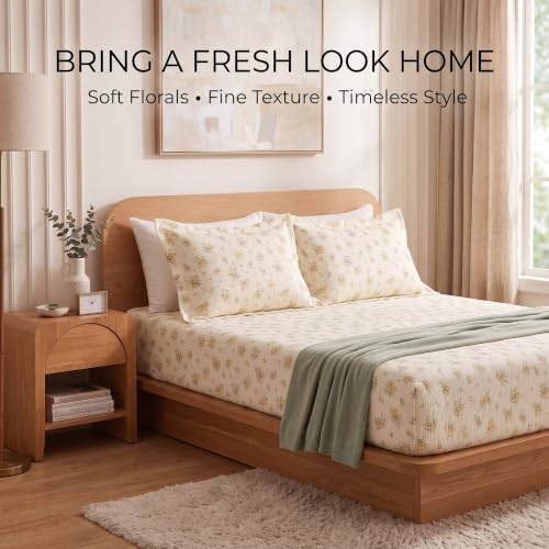 Image of VAS COLLECTIONS 240 TC Premium Fitted Bedsheet, Floral Printed King Size Elastic Deep Pocket Mattress Cover, Soft Breathable Bed Sheet for Bedroom, 72 x 78 + 10 Inches (183 x 198 + 25 cm) - Mustard