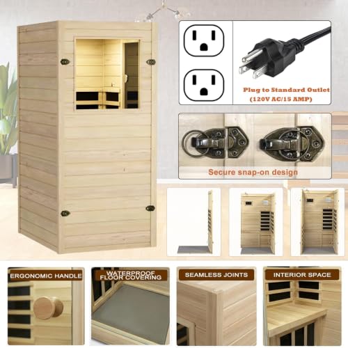 Image of LTCCDSS 1 Person Compact Infrared Sauna, 905W Low EMF Far Infrared Sauna Indoor Sauna, European Aspen Wooden Sauna for Home with Bluetooth Speakers, 36.6 inchx29.3 inchx63 inch, Right Door