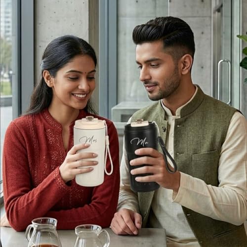 Image of Giftana Mr and Mrs Coffee Tumbler Set of 2, Premium Travel Mug Gift Set, 420ml Black & White Tumblers for Couples, Newlyweds, Husband & Wife, Bridal Shower, Wedding, Anniversary and Engagement Gifts