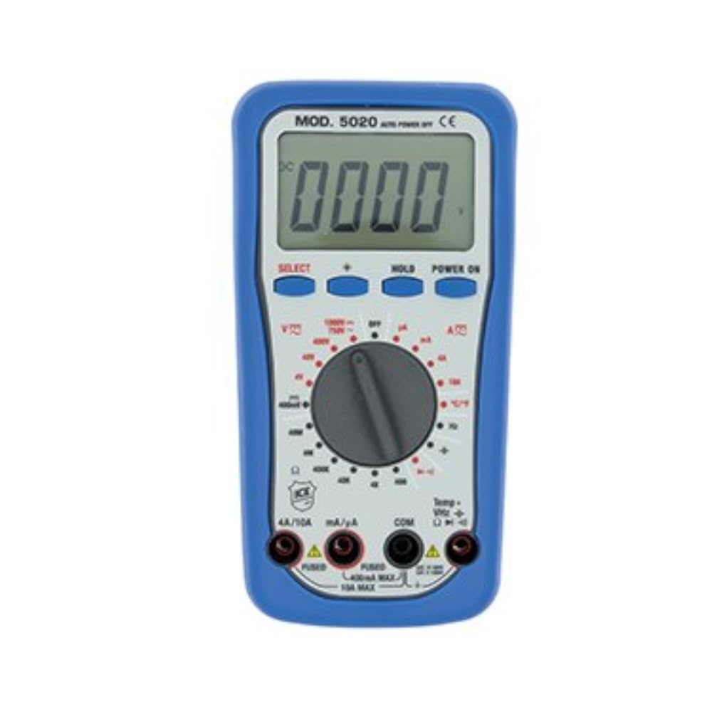 Multimetro digitale 3,5 digit ICE 5020 - Funzioni: tensione DC, tensione AC, corrente DC, corrente AC, resistenza, capacita', temperatura, test di continuita', prova led e test batterie