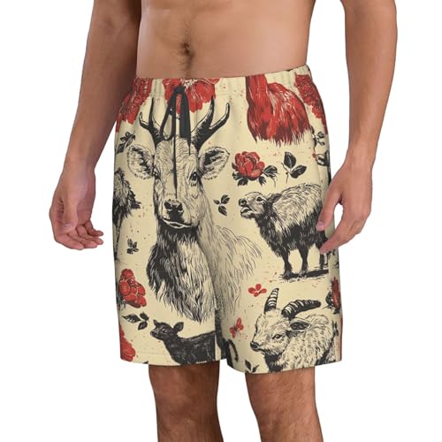 Men Swim Trunks Beach Shorts Swimwear Summer Bathing Suits - Farm House Animals Goat Retro2
