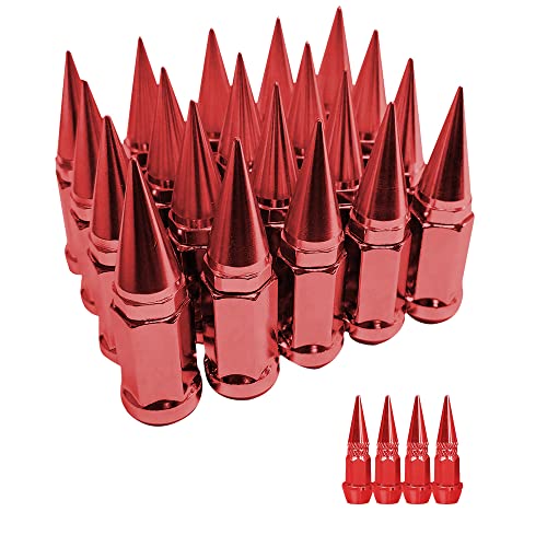 Image of 9 /16-18 Wheel Spike Lug Nuts, Set of 20 Red Lug Nut, Cone /Conical Bulge Seat,Closed End Nuts Extended Spike Tuner Wheel Rim Lug Nuts Tire Screw Refit with 4pcs Aluminum Tires Valve Stem