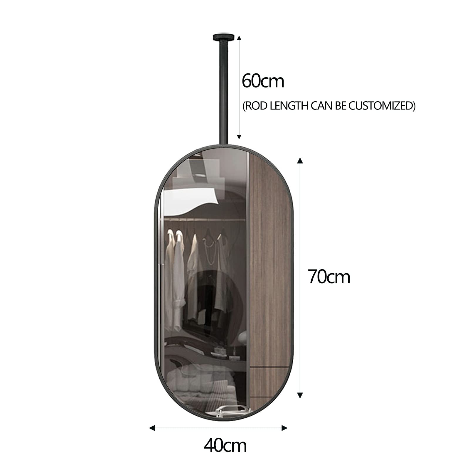Specchio da toeletta sospeso sospeso, specchio decorativo da parete ovale per bagno Specchio da barba per trucco con struttura in metallo e asta a soffitto, nero (dimensioni : 40cmx70cm)