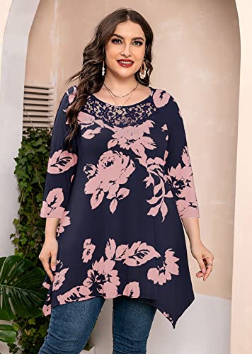 Auslook Plus Size Tunic For Women 3/4 Sleeve Shadow Rose 5X Lace Crewneck Tops Christmas Clothing Flowy Blouse Loose Fit Babydoll Summer Fall Winter Maternity Shirts Wear With Leggings #TOP1