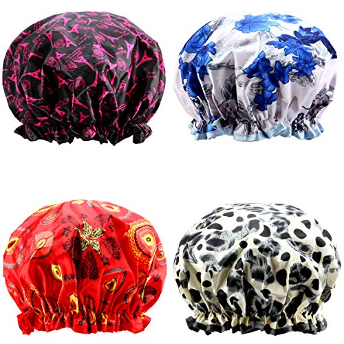 Shower Cap, ESARORA 4 PACK Bath Cap Designed for Women Waterproof Double Layer