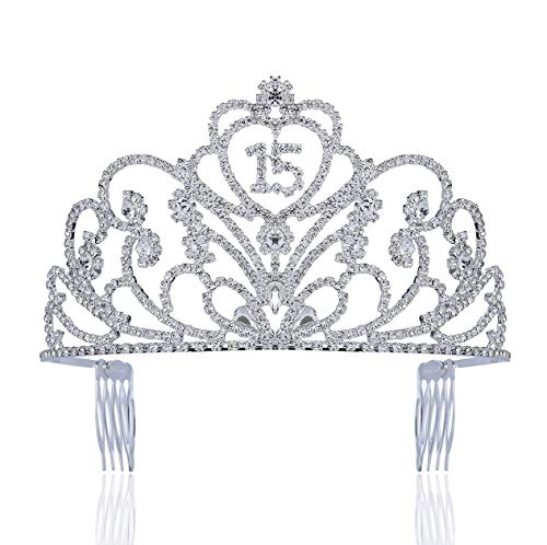 Product Image of the Quinceanera Coronas de Quinceañeras Sweet 15 Fifteen 15th Birthday Party Clear White Austrian Rhinestone Crystal Princess Hair Jewelry Tiara Crown With Hair Combs T1813 Silver Plated