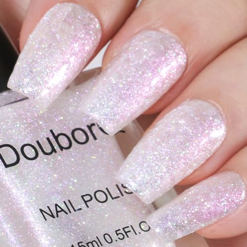 Sparkling White Nail Polish - 15ml Holographic Pink Glitter Nail Polish - Reflective Sparkle Shiny Pastel Nail Varnish Quick Dry - Long-Lasting Shimmer and Iridescent Effect and No Need Baking - Image 3