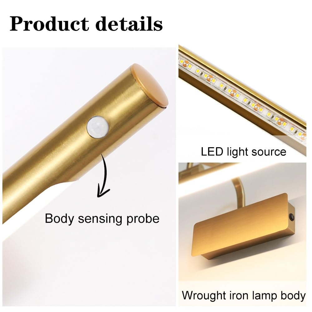Lámparas de baño impermeables IP44, 3 luces, sensor de movimiento, luz de tocador, tira larga, iluminación de pared de hierro, 4000 K, blanco natural, lámpara de tocador giratoria de 350 °(Gold,40cm)