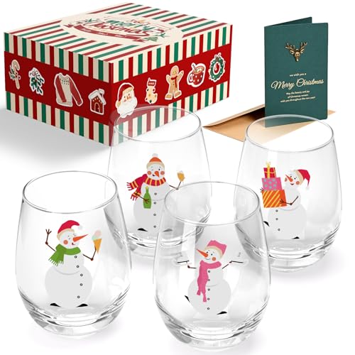 Joymaking Weihnachtsgläser 4er Set Weihnachtsgeschirr Glühweingläser Weinglas Weihnachten Weihnachtsglas Schneemann Weihnachtsgläser Geschenke Trinkglas Weihnachten 520ml
