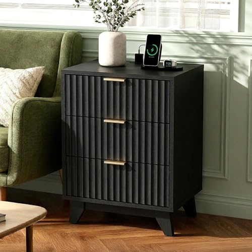 Image of VINGLI Black Fluted Nightstands Set of 2 with Charging Station,3 Drawer Black Wood Nightstand for Bedroom, Modern Night Stand with Drawers, Fluted Bedside Table /End Table /Side Table, 2 pcs