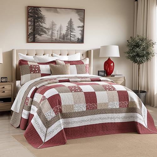 Image of 100% Cotton Oversized King Bedspread 128 inchx120 inch - Lightweight French Vintage Country Quilt - 3 Piece Super King Bedspreads Coverlet Set - Reversible Plaid Floral Bedding in Burgundy /Beige /Taupe /White