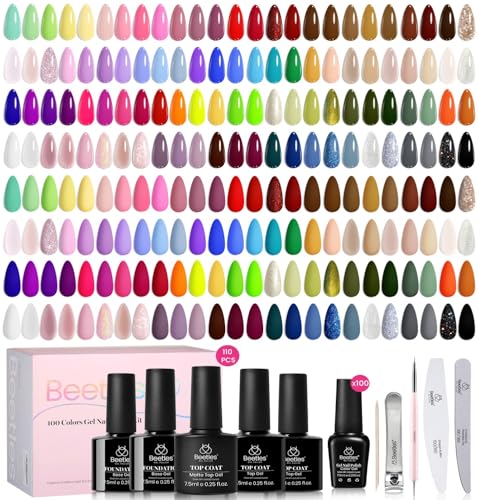 Beetles 110 PCS Gel Nail Polish Set, 100 Colors Infinite Inspiration Gift Spree All Season Red Brown Green Black Gel Polish with 5Pcs Base Top Coat Soak off UV Gel for Manicure Lovers DIY at Home