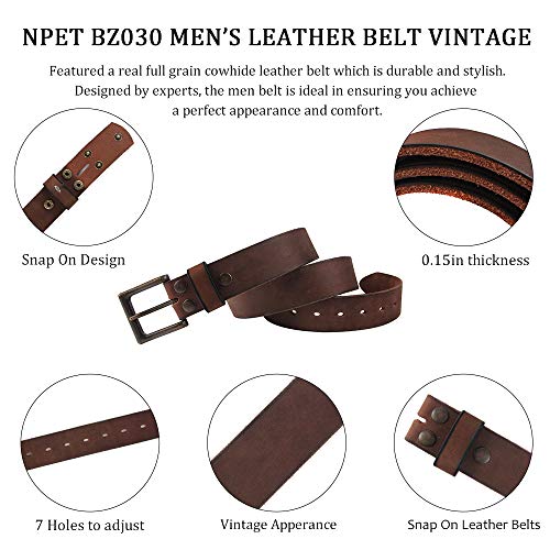 NPET Mens Leather Belt Full Grain Vintage Distressed Style Snap on Strap 1 1/2" Wide with Buckle4