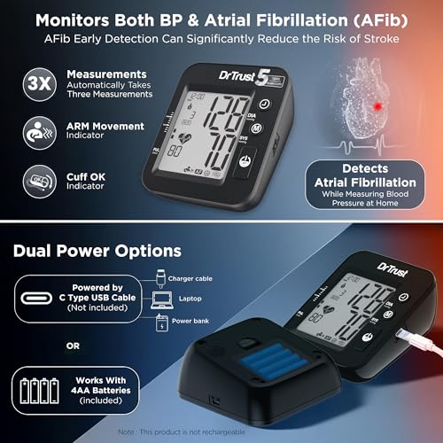 Image of Dr Trust USA Intellitrack 131 Fully Automatic Atrial Fibrillation Portable Digital Blood Pressure Monitor BP Machine For Hypertension & Managing Heart Health, BP Apparatus For Home & Clinic Use, Most Accurate Measurement, USB Compatible with Backlight & MDI Technology
