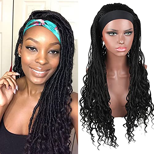 Crochet Box Braid Headband Wigs for Black Women 28 Inch Goddess Crochet Curly Ends Wigs Synthetic Braiding Hair Crochet Braided Hair Box Braid Crochet Hair (1B)