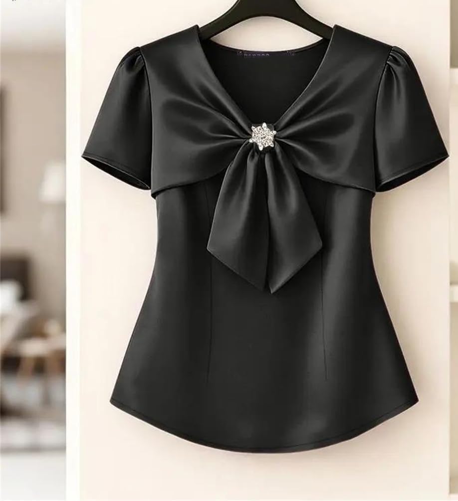 Yeuyyben Camicette eleganti da donna in raso con scollo a V manica corta annodato fiocco tinta unita top donna camicia da festa