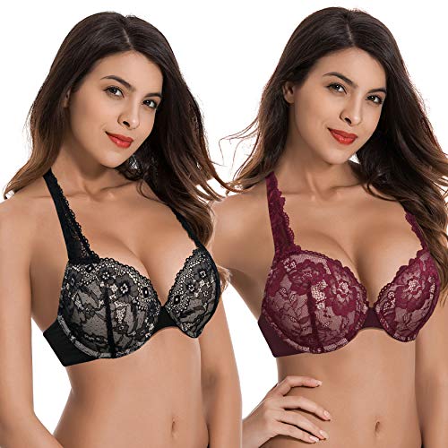 Curve Muse Women's Plus Size Add 1 and a Half Cup Push Up Underwire Convertible Lace Bras -2PK-Black,Burgundy-32DDD