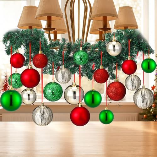 Suncalla 47 Pcs Christmas Chandelier Decor Set with 9 ft Garland Greenery with 280 Branches 21 Pcs Christmas Balls Ornaments Ribbons for Xmas Fireplace Staircase Indoor Outdoor Decor(Classic)
