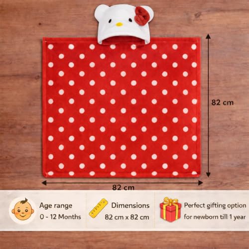 Image of First Kick New Born Baby Blanket Pack of Super Soft Bathrobe Wrapper Bath Towel for Boys, Girls, Babies (Red Polka, Length 82 cm x Width 82 cm, 0-12 Months)