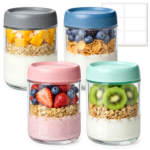 ComSaf Overnight Oats Jar 500ml 4 Pack Glass Jars with Lids Leakproof Overnight Oats Container Portable Yoghurt Pot for Make-Ahead Breakfast Yogurt Fruit Milk Cereal Salad Mason Jars for Meal Prep