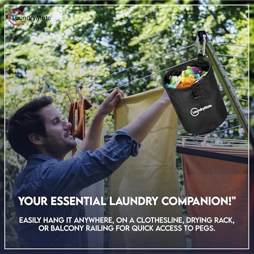 Laundry Mate Peg Bag With Closure Drawstring & Hanging Hook - Extra Large Weather Resistant Laundry Clothes Peg Storage - Hanging Clothesline Peg Bag (Black) - Image 6