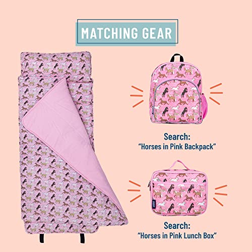 Image of Original Nap Mat, Wildkin Children's Original Nap Mat with Built in Blanket and Pillowcase, Pillow Insert Included, Premium Cotton and Microfiber Blend, Children Ages 3-7 years - Horses in Pink