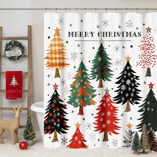 OVZME Christmas Tree Shower Curtain 72 Inch Length 1 Piece, Colorful Christmas Trees Xmas Winter New Year Holiday Decorative Bath Curtain, Water-Proof Soft Polyester Fabric, 72Wx72L Inches