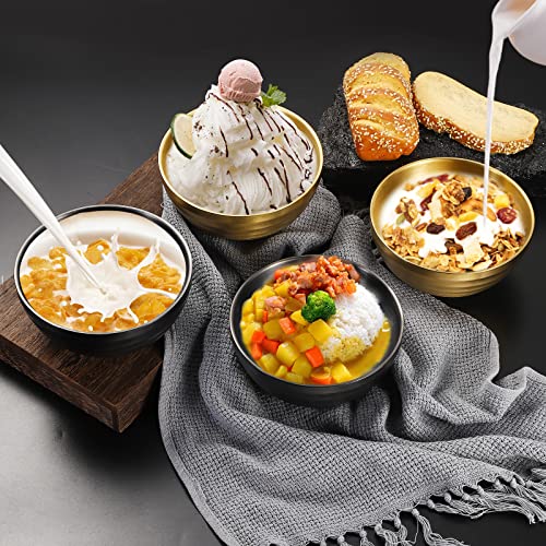4er Edelstahl Schüsseln Doppelschicht Isolierte Nudelsuppe Schüssel Reis Schüssel Salat Schüssel Müslischalen, Schüsseln für Obst Getreide Snack Vorspeise, Geschirrspüler Sicher,14cm (Gold&Schwarz)